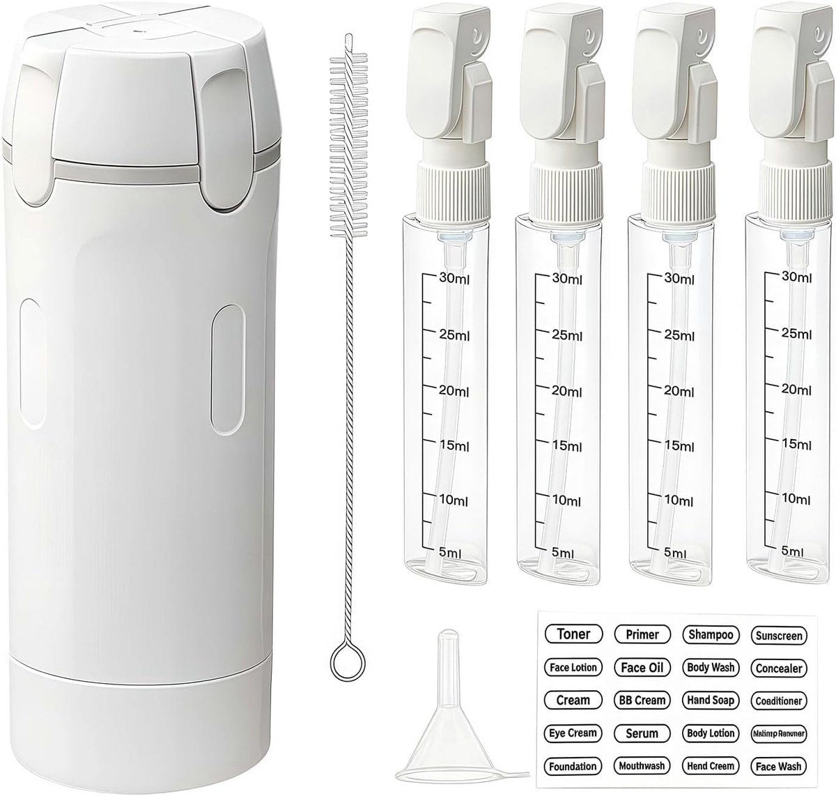 SnelShoppen - Travel Dispenser Bottle 4 in 1, Refillable Shampoo Conditioner Flessen, Compact en Ruimtebesparend voor Vakantie en Zakenreis, Wit