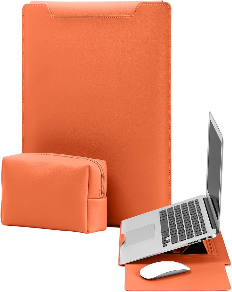 SnelShoppen - 15-16 Inch Laptop Sleeve met Standfunctie, Geschikt voor MacBook Air en Pro, Oranje, Inclusief Oplaadcompartiment, Lichtgewicht en Besch