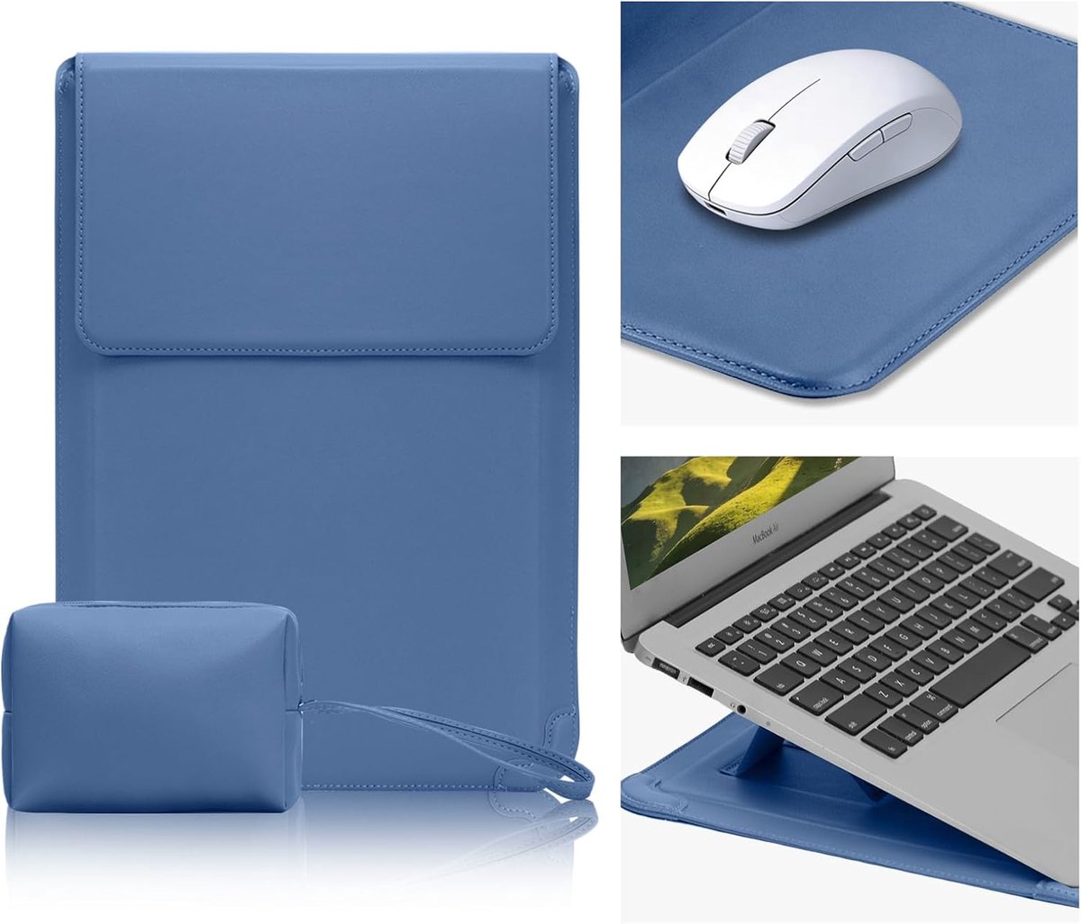 SnelShoppen - 15-16 Inch Laptop Sleeve PU Leder Tas met Stand Functie, Blauwe Laptop Bag voor Bescherming en Gebruiksgemak, Ideaal voor Werk, School e