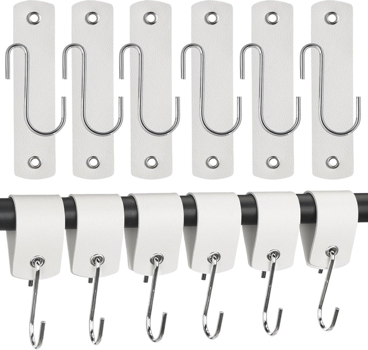 SnelShoppen - 6 Stuks S Haakjes met Leren Strips, RVS Keuken Haken voor Handdoeken en Bekers, Grote S Haken, Wit, Duurzaam en Stijlvol