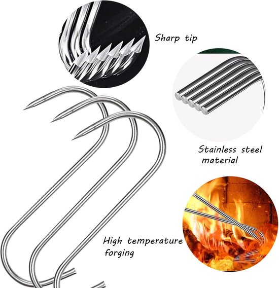 SnelShoppen - Smoke Hooks S Hooks 30 Stuks Rvs Butcher Hooks 121mm/142mm/173mm, Vlees Haken voor Roken, Grillen en Slachten van Snelshoppen — afbeelding 3