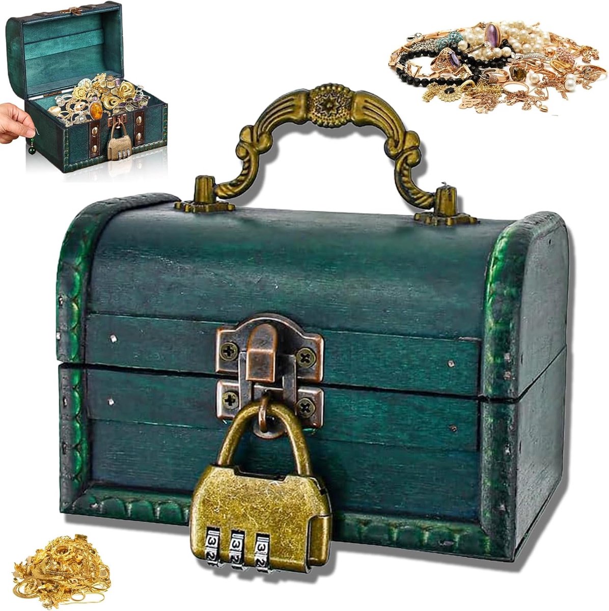 SnelShoppen - Vintage Houten Schatkist met Combinatielock, Retro Kleine Houten Kisten voor Kinderen, Sieradenbox, Mini Houten Opslagdoos in Smaragdgro