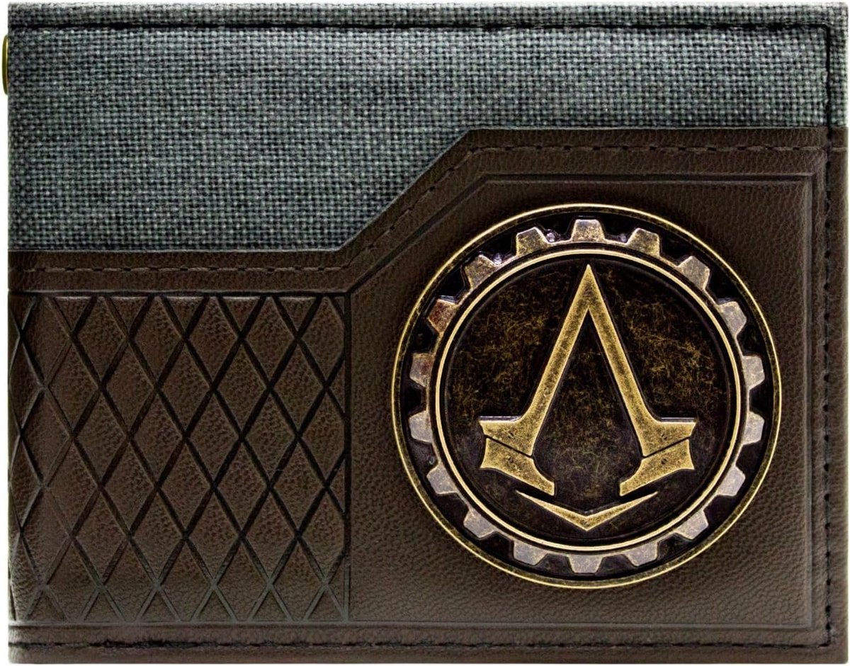 SnelShoppen - Assassins Revolution Sprocket Emblem Wallet Bi-Fold ID & Kaartenhouder, Bruin, Duurzaam Leer, Compact & Functioneel voor Dagelijks Gebru