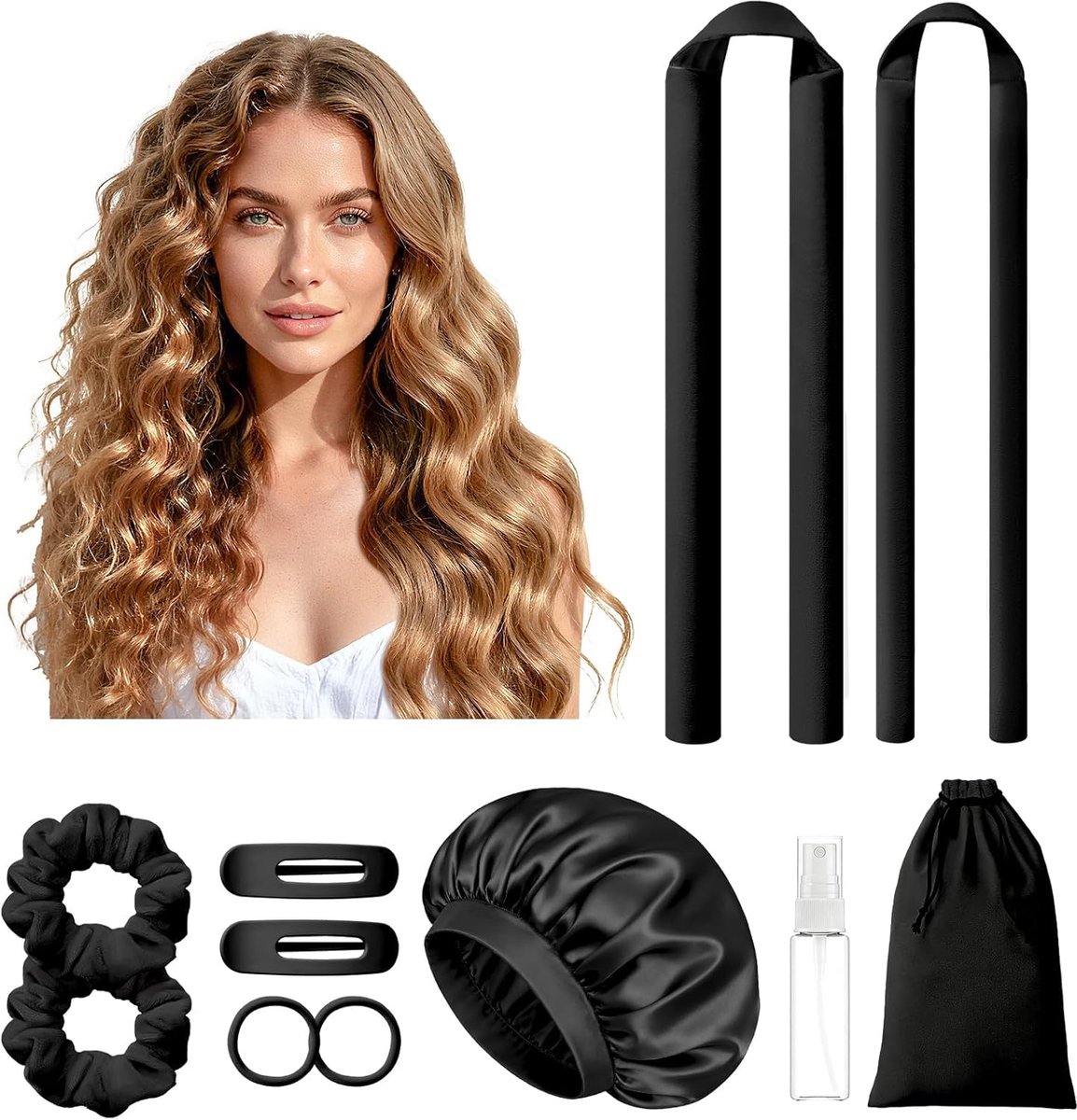 SnelShoppen - Heatless Curls Set met 11 Stuks, Nachtkrullers, Scrunchies, Clips en Hoed voor Natuurlijke, Volumineuze Krullen zonder Hitte - Perfect v