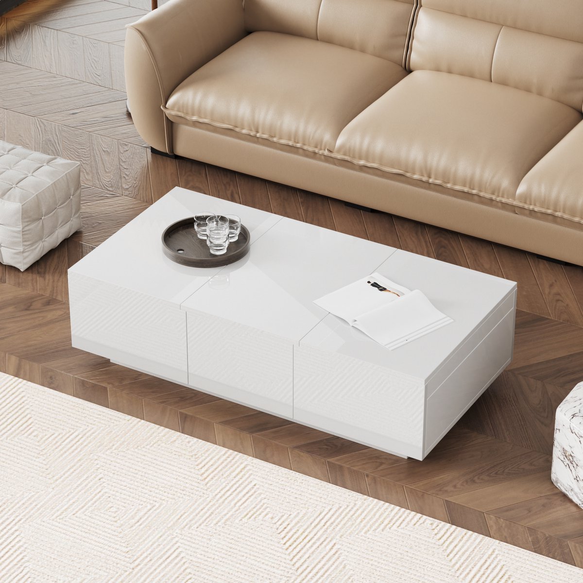COVREO Salontafel 100 x 50 x 31 cm - wit hoogglans, spaanplaat, met lades en verborgen opbergruimte