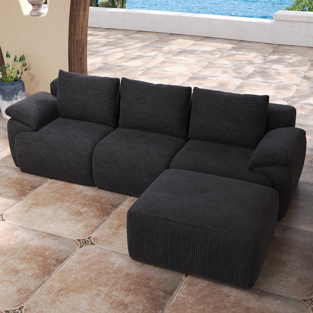 Modulaire Hoekbank L-vorm 3-zits Donkergrijs Corduroy - Bankstel met Voetenbank, Zachte Bekleding en Stevige Constructie