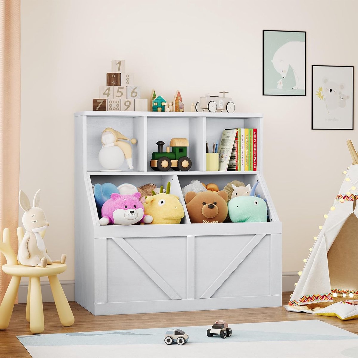 Kinderboekenkast en speelgoedopbergorganizer, peutertrapboekenkast met grote opbergkist en meerdere planken, eenvoudige montage voor speelkamer, slaapkamer, babykamer en kinderdagverblijf