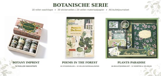 Trois coffrets cadeaux : ruban washi 'Botany Imprint', autocollants et papier 'Poems in the Forest', et set de carnet A6 'Plants Paradise'.