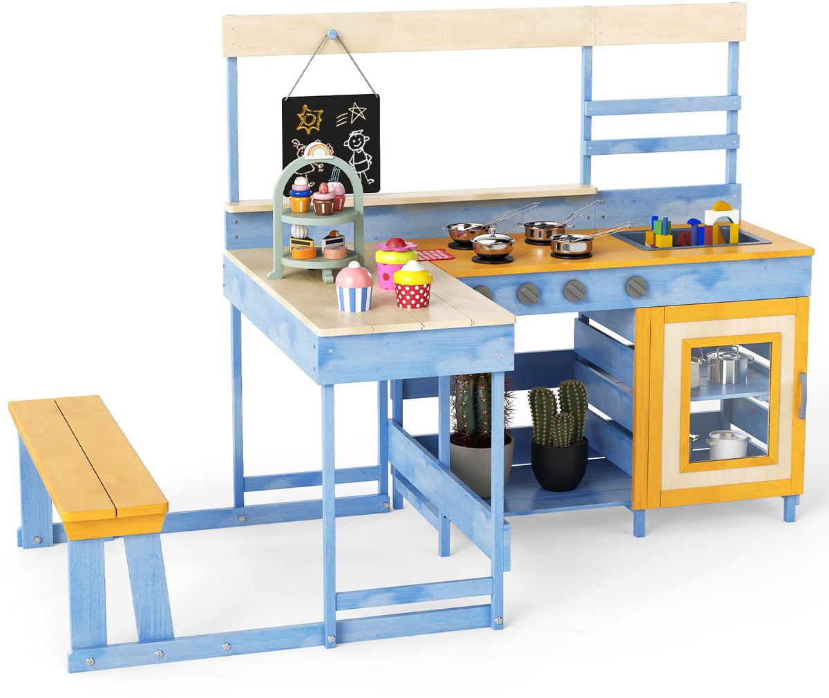COSTWAY Modderkeuken met picknicktafel en bank, kinderkeuken, dennenhout met dessertaccessoires, keukengerei en bord, speelkeuken, outdoor, keuken voor kinderen vanaf 3 jaar (lichtblauw)