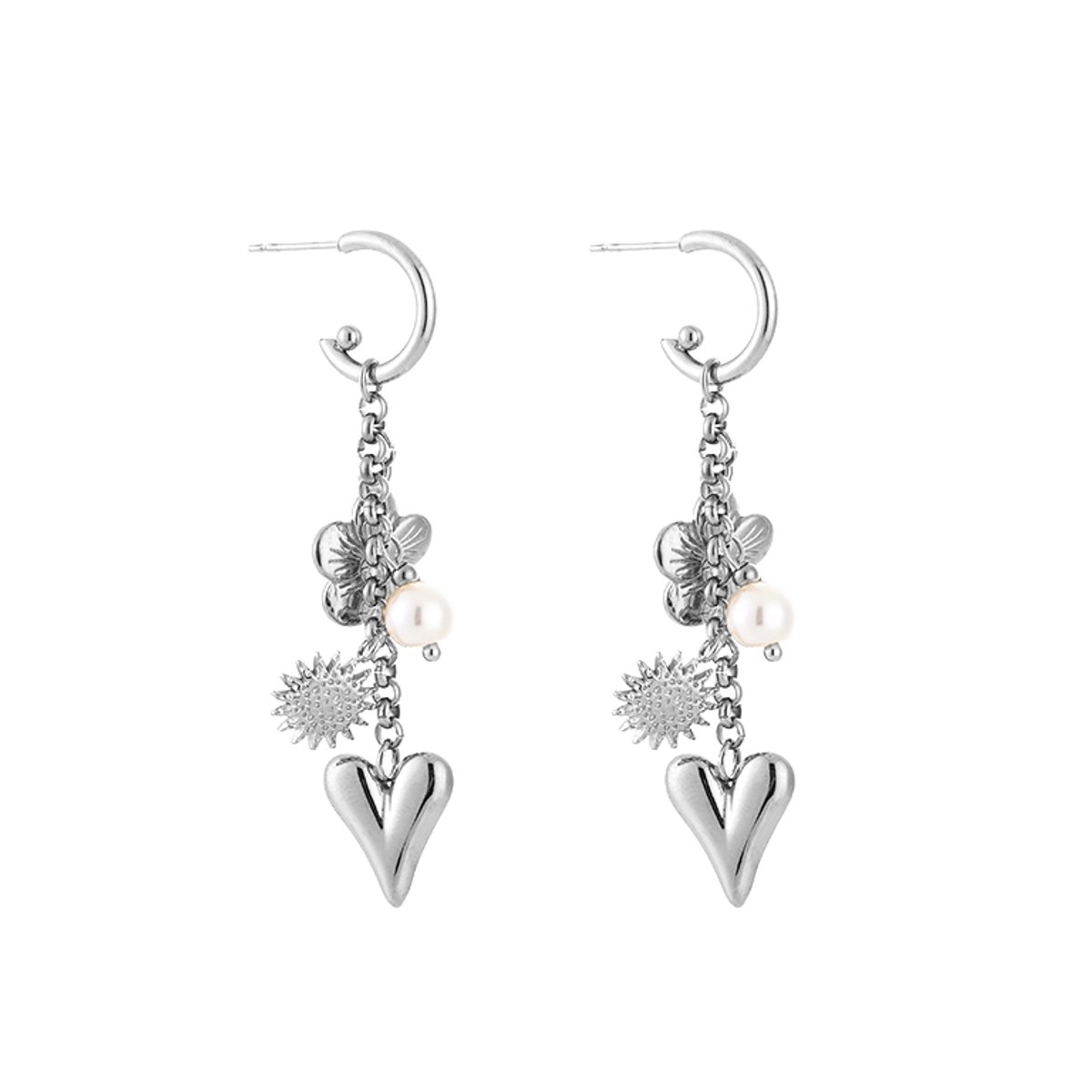 Stainless Steel Multi-Bedel Cascade Oorringen – Romantische & Trendy Multi-Charm Oorhangers – RVS - Zilver