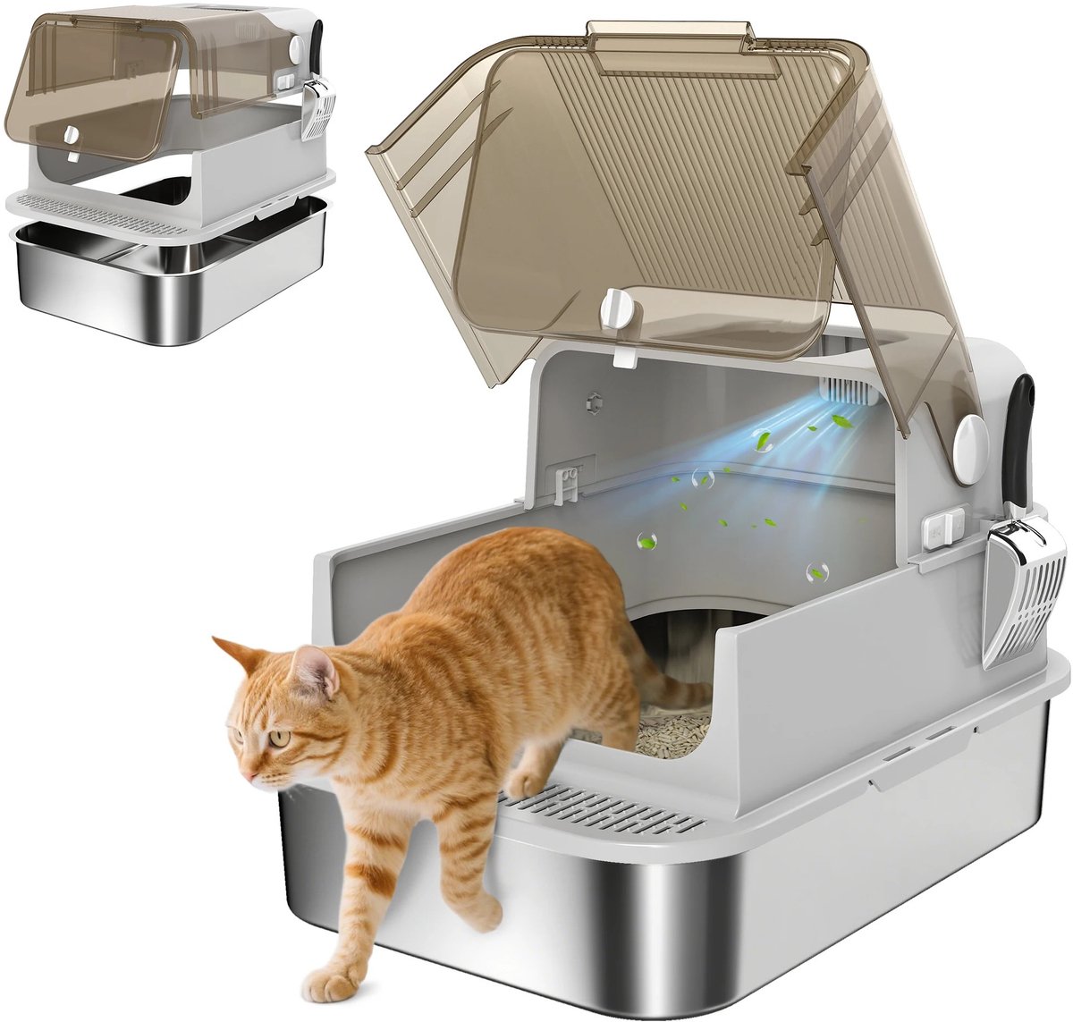 VIEMAE Kattenbak - Kattenbak met klepdeksel & schep - Roestvrijstalen kattenbak - XXL - Grote katten - RVS - 50x70x46.5cm - Grijs