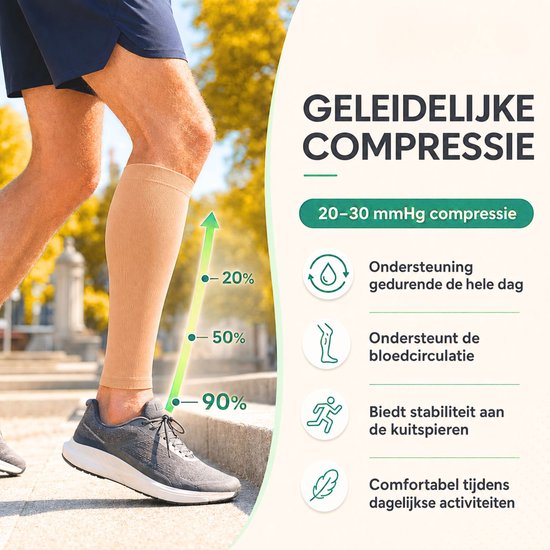 Een close-up van een man die trappen oploopt met een beige kuitcompressiemouw aan zijn rechterbeen.