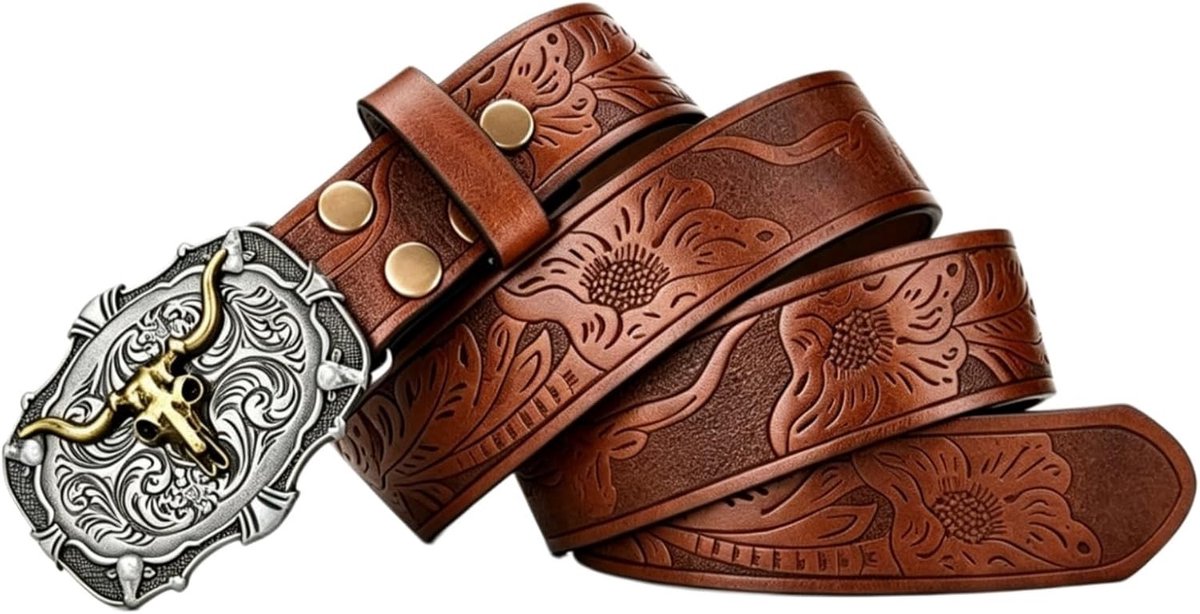 Stijlvolle leren westernriem voor heren en dames met gegraveerde gesp, ideaal voor jeans en casual outfits, perfect voor cowboys en cowgirls