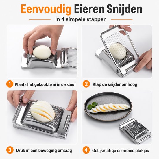 Stapsgewijze handleiding: ei plaatsen, snijder openen, naar beneden drukken, resulterend in gelijkmatige plakjes op een bord.