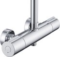 Chromen thermostatische douchekraan met een ronde knop aan de linkerkant en een hendel aan de rechterkant. Markeringen voor temperatuur en aan/uit.