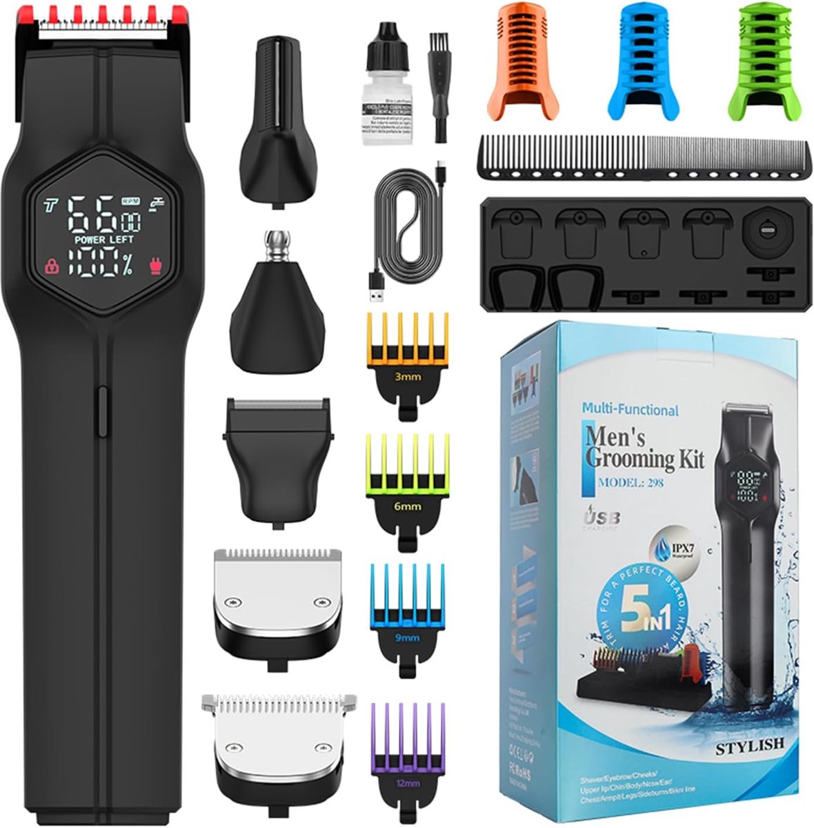 Baardtrimmer voor mannen, elektrisch scheerapparaat, waterdicht elektrisch scheerapparaat voor mannen, haartrimmer, neustrimmer, draadloze tondeuse, verstelbare baardverzorgingsset