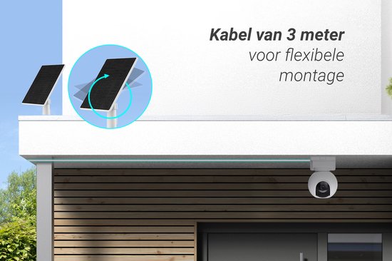 Witte beveiligingscamera met flexibel monteerbaar zonnepaneel en 3 meter kabel.