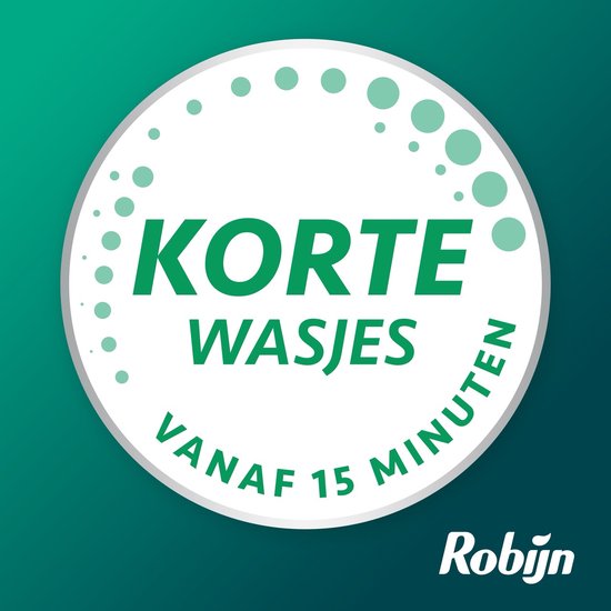 Wit rond logo met groene tekst 'KORTE WASJES VAF 15 MINUTEN' en stippen.