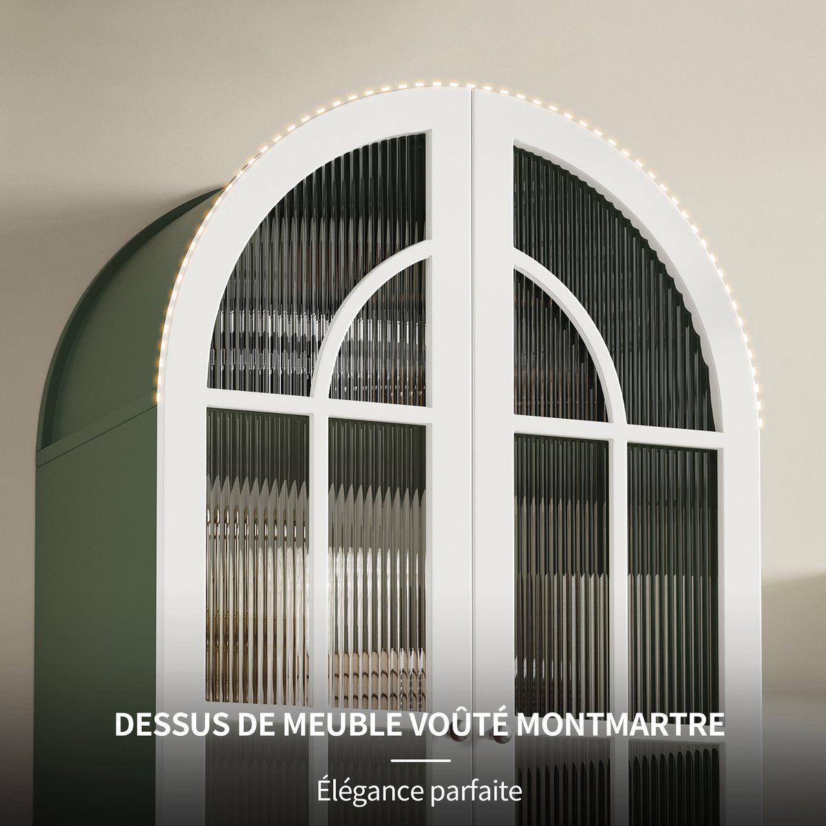 OKWISH Vitrinekast - Boogkast Met Geribbeld Glas - 76 x 38,5 x 165 cm - 2 Deuren - 3 Planken - Opbergruimte - MDF Groen