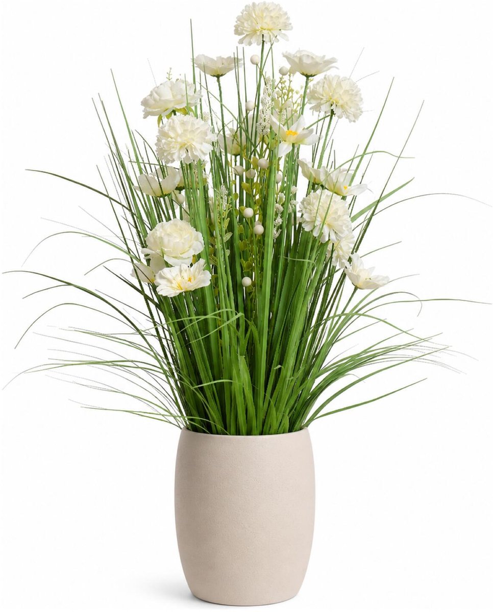 Everlands Kunstplant siergras bundel - groen / wit - 35 x 70 cm - kunstbloemen boeket
