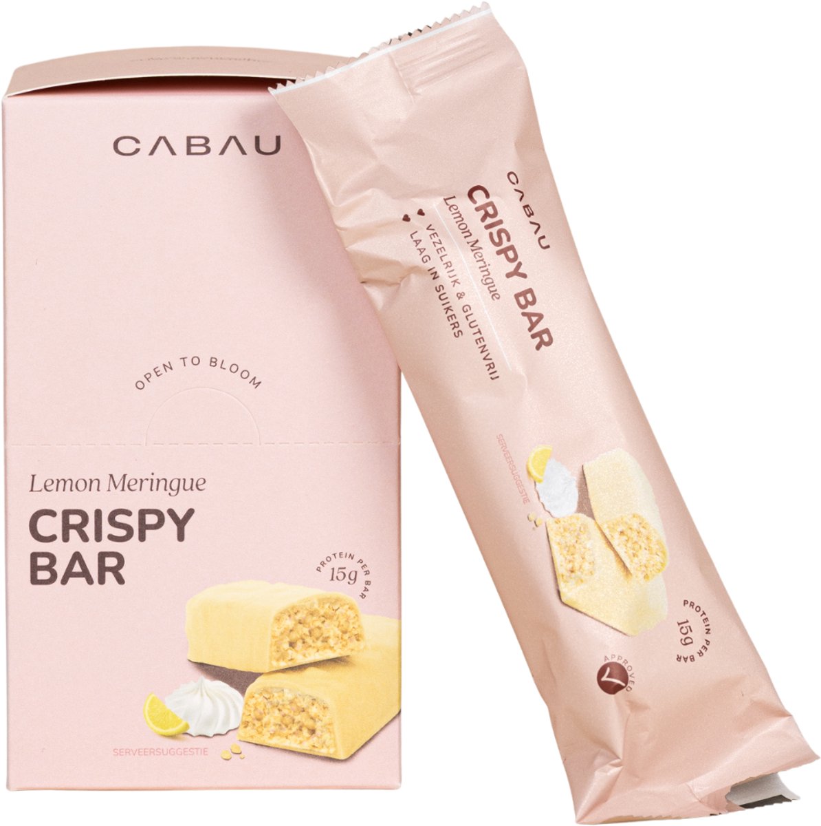 Cabau – Crispy Bars – Eiwitreep met 15 g Proteïne per Reep – Glutenvrij, Vezelrijk & Laag in Suiker – Box van 8 Stuks – Lemon Meringue