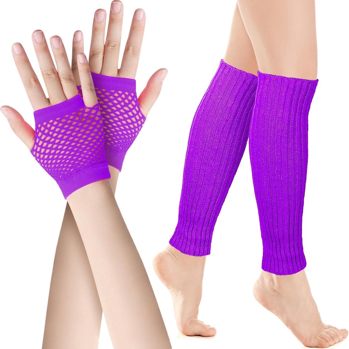 Neon Beenwarmers en Visnet Handschoenen Set voor 80s Kostuumaccessoires - Elastische Beenwarmers en Retro Handschoenen (Paars)