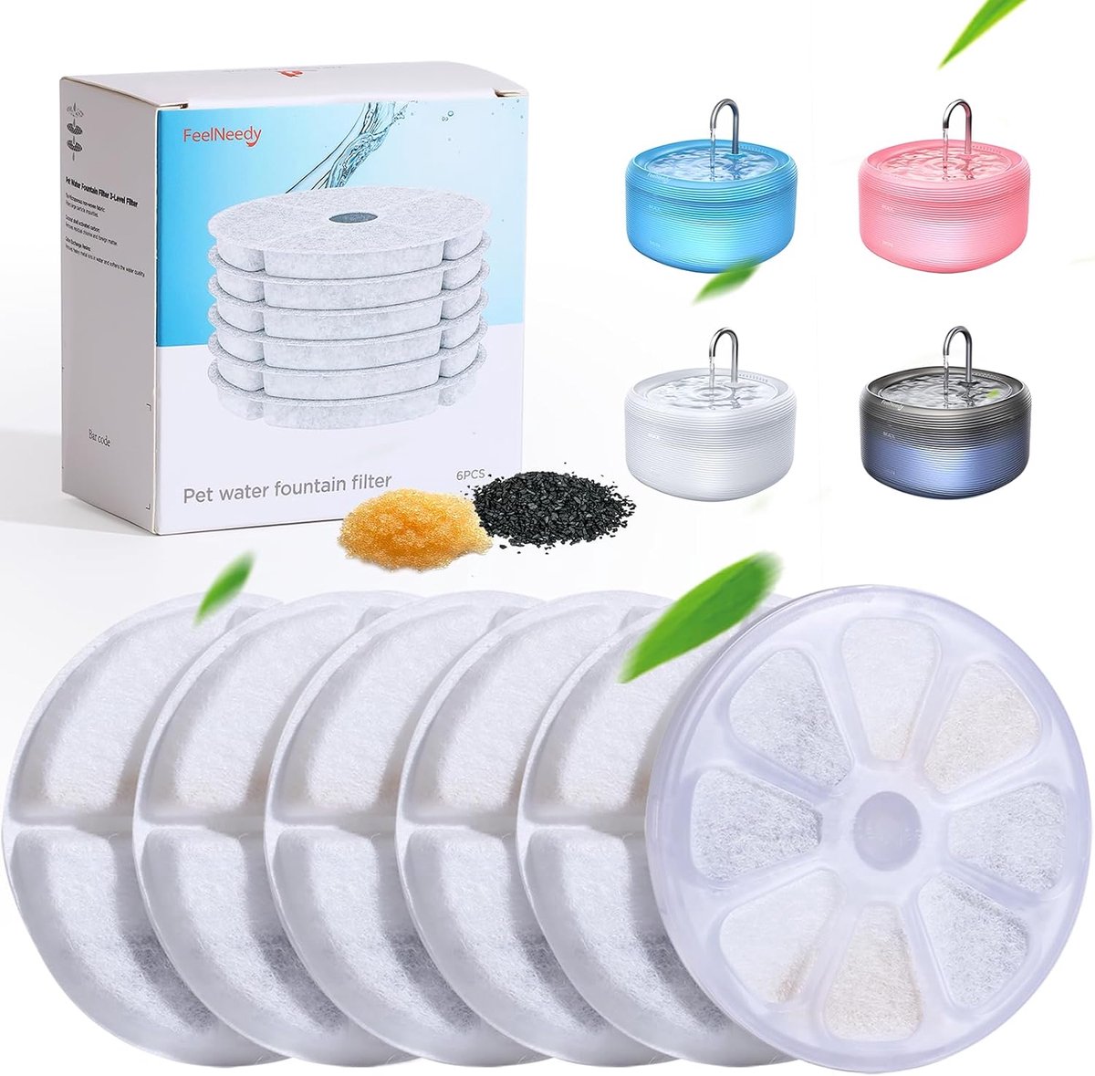 SnelShoppen - Set van 6 Kat Waterfontein Filters, Geschikt voor 3.2 L Cat Waterfonteinen, Meervoudige Filtratie voor Schone en Frisse Water, Actieve K