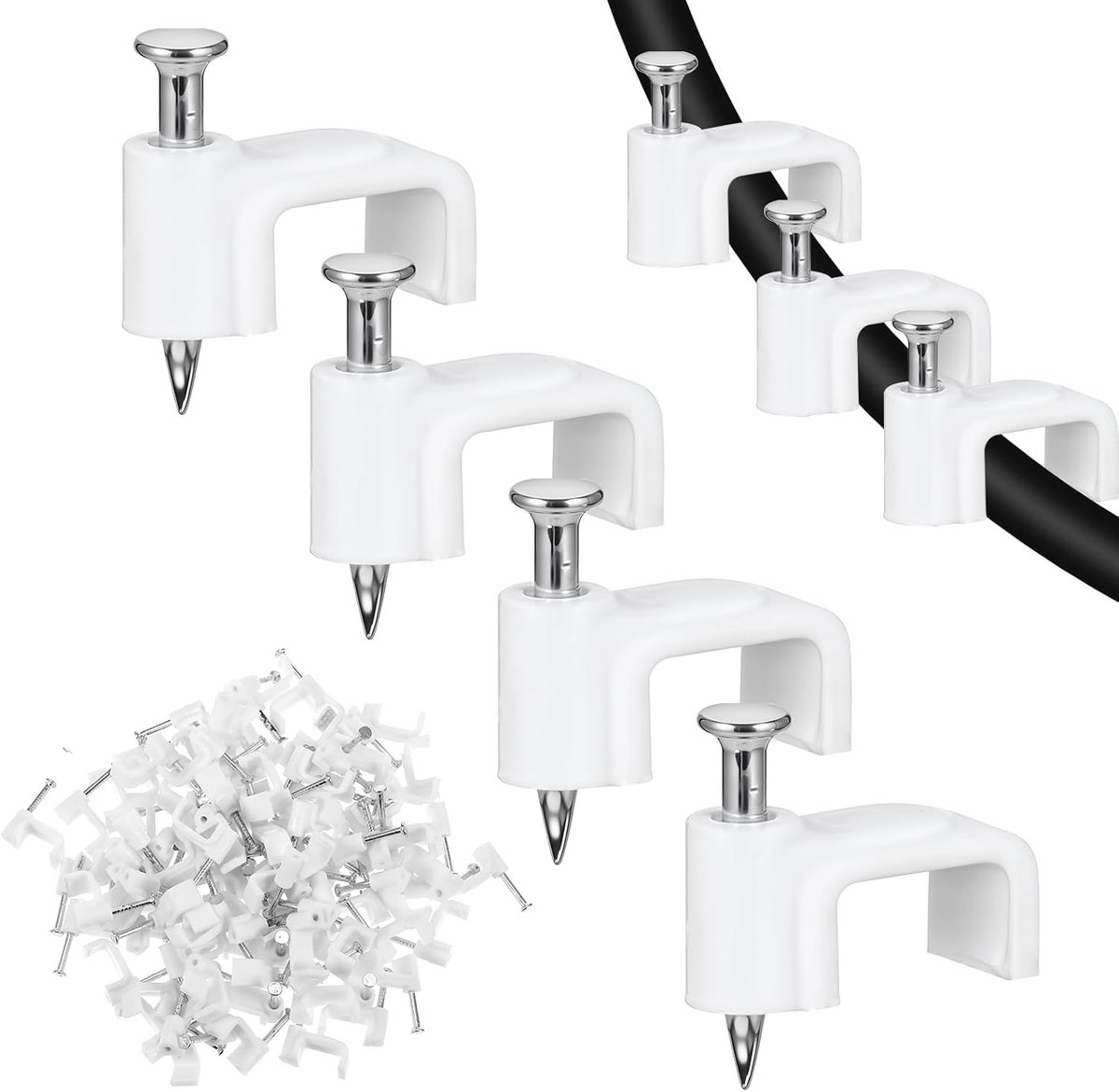 SnelShoppen - 100mm Kabelclips voor Ethernet, Coaxiale en Luidspreker Kabelbeheer - Hoge Kwaliteit PE Plastic met Stalen Spijkers - 20 Stuks - Wit