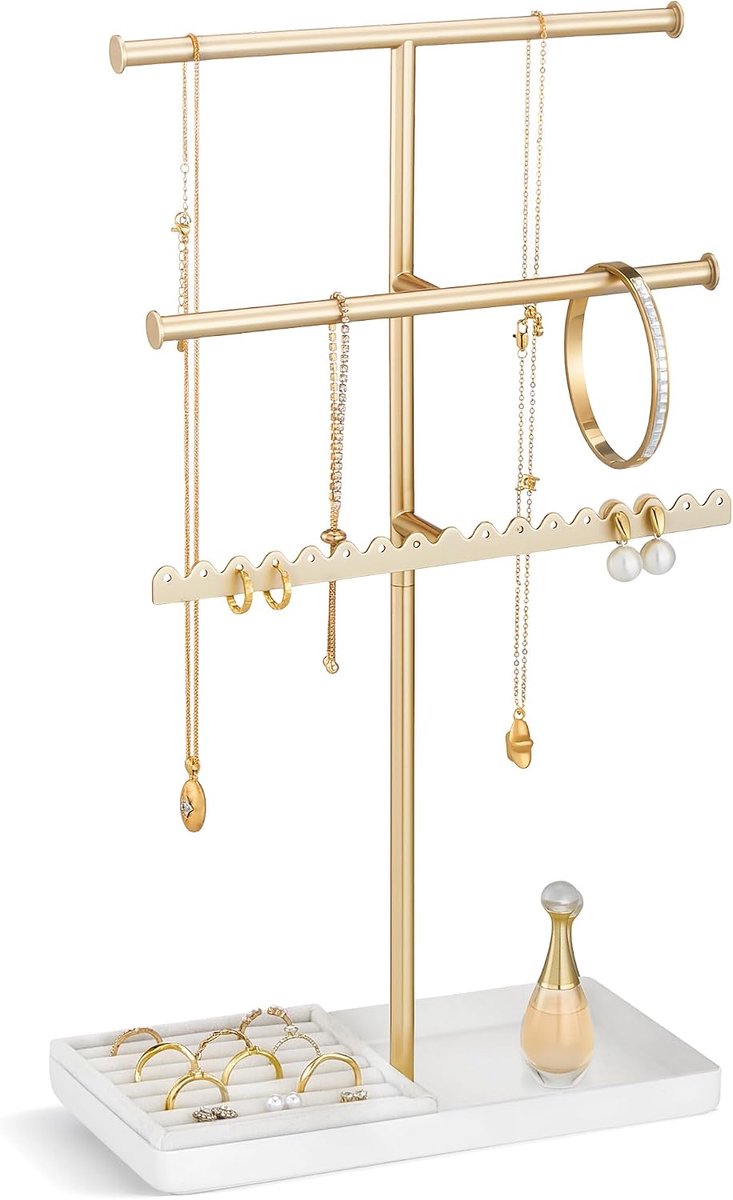 SnelShoppen - 3-Lagen Sieraden Organizer met Stabiele Metaalbasis - Velvet Ring Tray voor Lange Kettingen, Oorbellen, Armbanden en Ringen - Gouden Sie