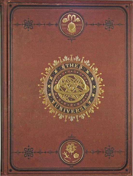 Bruin notitieboek met gouden, cirkelvormige opdruk van 'The Universe' en twee kleinere medaillons.