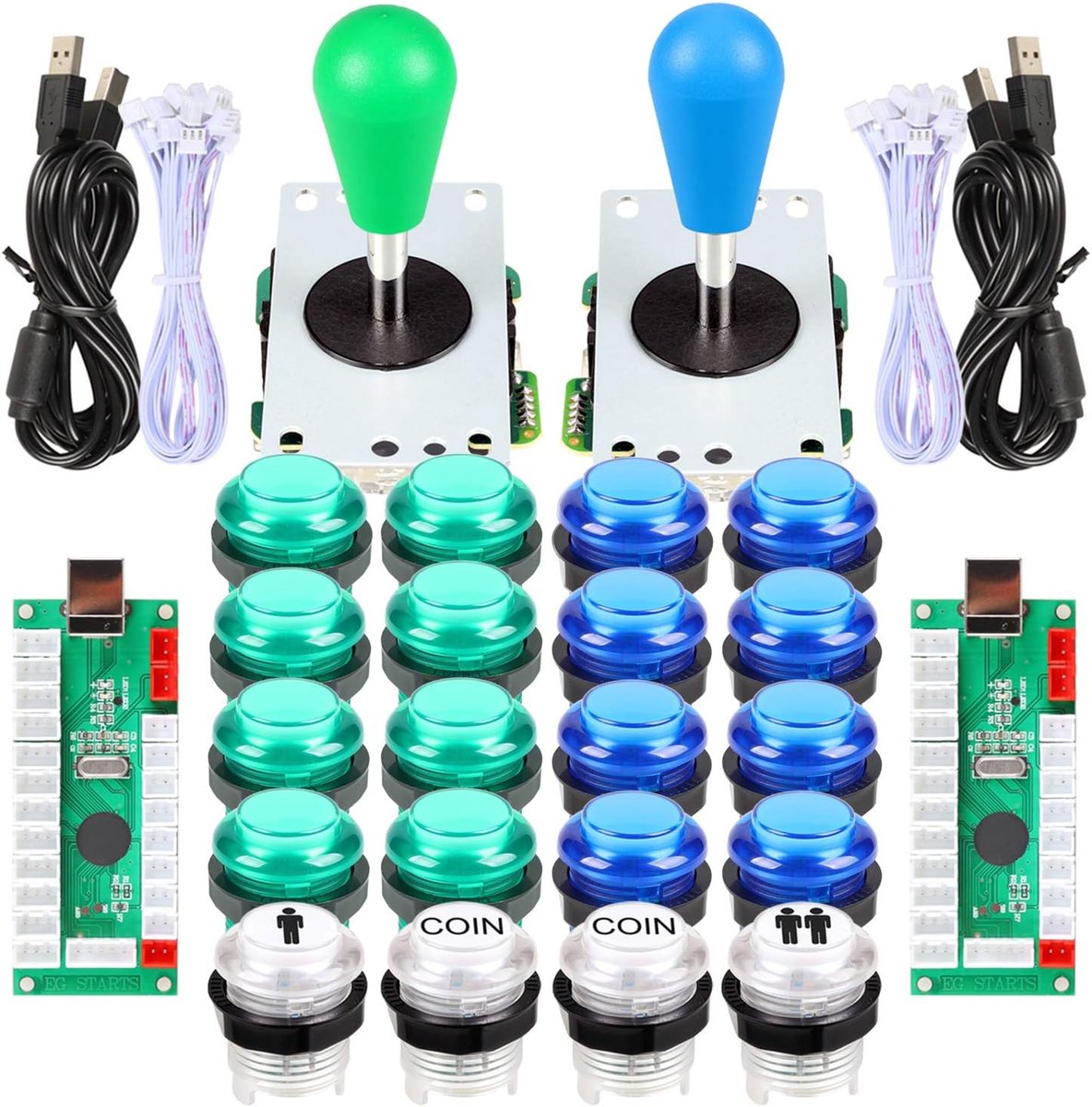 SnelShoppen - 2 Player LED Arcade DIY Parts - 2X USB Encoder + 2X Ellipse Joystick + 20x LED Arcade Knoppen voor PC MAME Raspberry Pi Windows (Blauw G