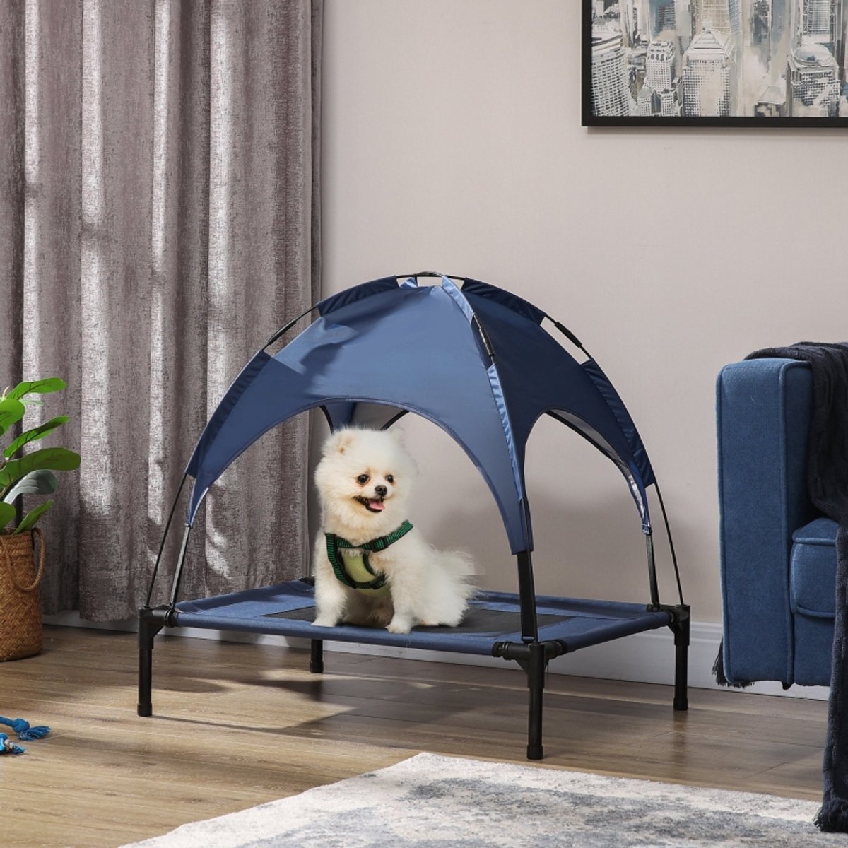 COVREO Dierenmand met baldakijn 76 x 61 x 73 cm - donkerblauw, metalen frame, opvouwbaar
