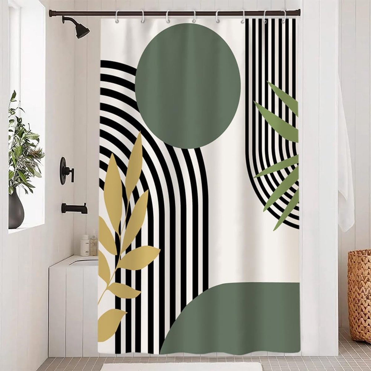 SnelShoppen - Douchegordijn Groen Abstract Zwart Lijnen Geometrisch Patroon Modern Minimalistisch Schimmelbestendig Waterdicht Polyester 120x200cm Met
