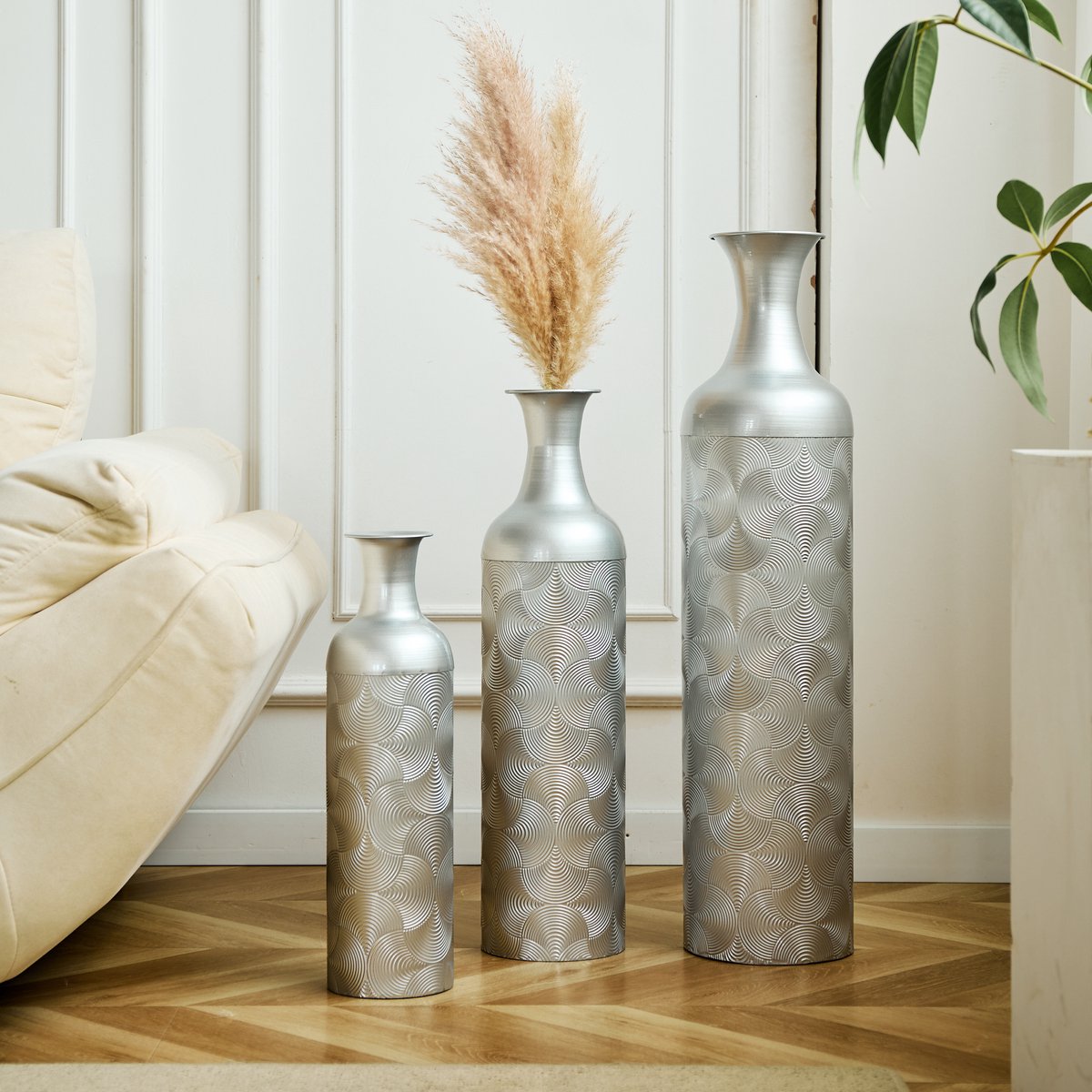 COVREO Vaas set 50 66 83 cm - zilverkleurig aluminium, 3-delig voor droogbloemen