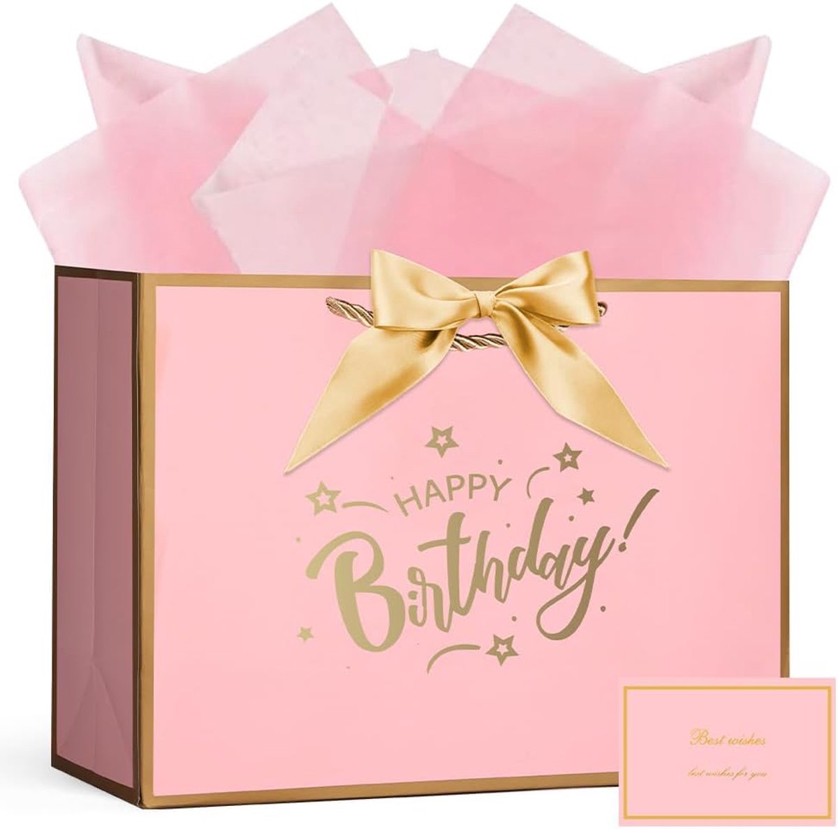 SnelShoppen - Papieren Cadeautassen 32x22x10cm met Handvat, Inclusief Strik, 3 Vellen Inpakpapier en 1 Kaart - Perfect voor Verjaardag, Kerst, Bruilof