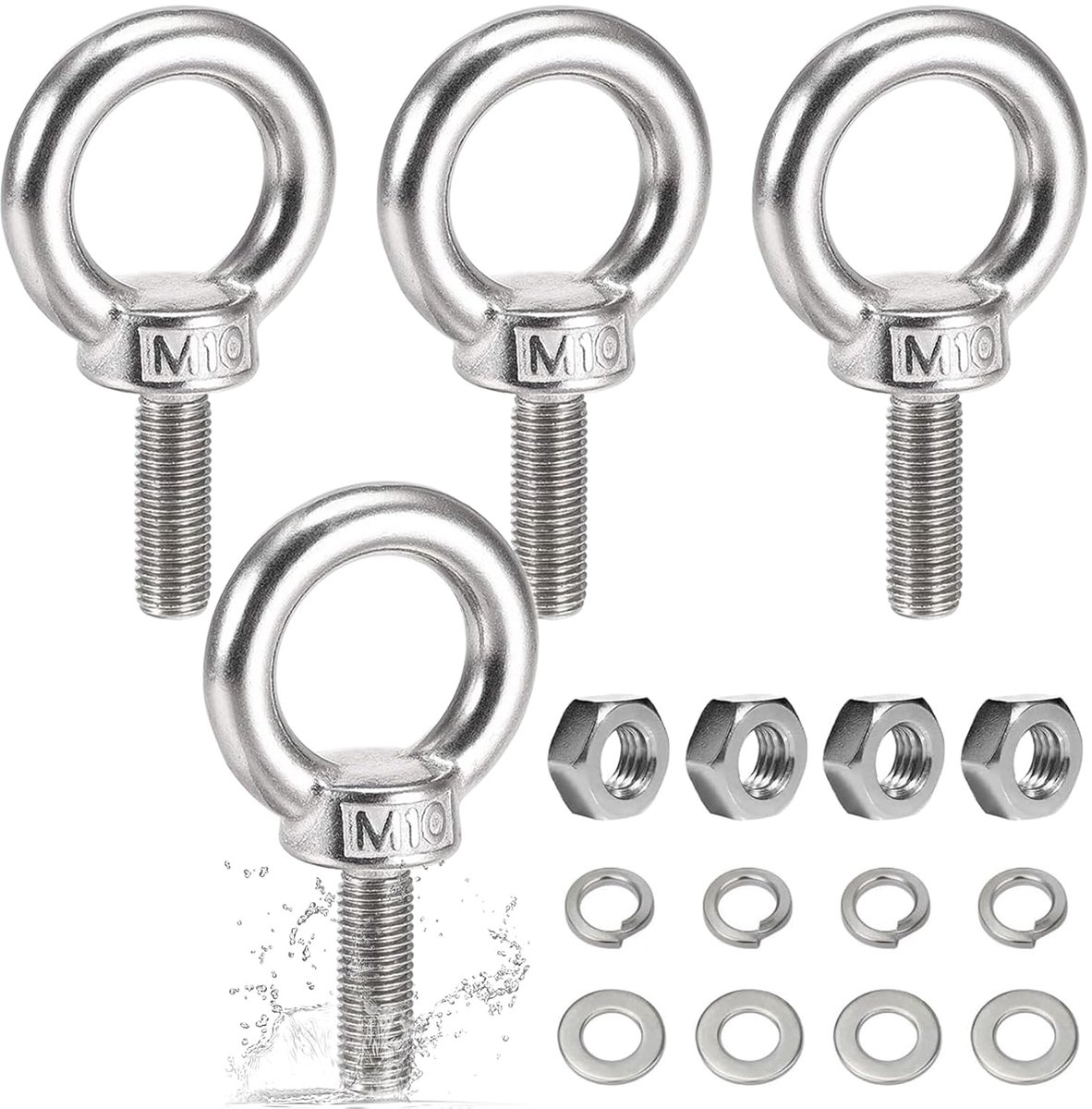 SnelShoppen - 4 Stuks Ringen Schroeven M10 - Ronde Oogschroeven van Roestvrij Staal - Inclusief Slotmoeren en Ringen - Ideaal voor Bevestiging en Opha