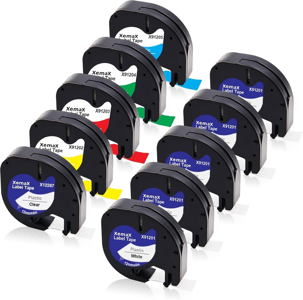 SnelShoppen - 10x Label Tape Dymo Letratag 12mm x 4m, Kleurenset voor Labelprinter, Inclusief Zwart op Wit, Transparant, Geel, Rood, Groen, Blauw, Ges