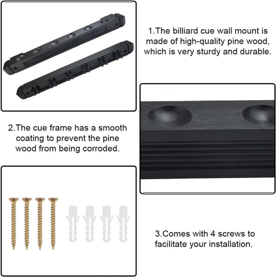 SnelShoppen - Billiard Wall Mount - Snooker Pool Cue Rack voor 6 Stokken - High-Quality Pine Wood - Duurzaam Billiard Accessoire voor Thuis, Clubs en — afbeelding 2