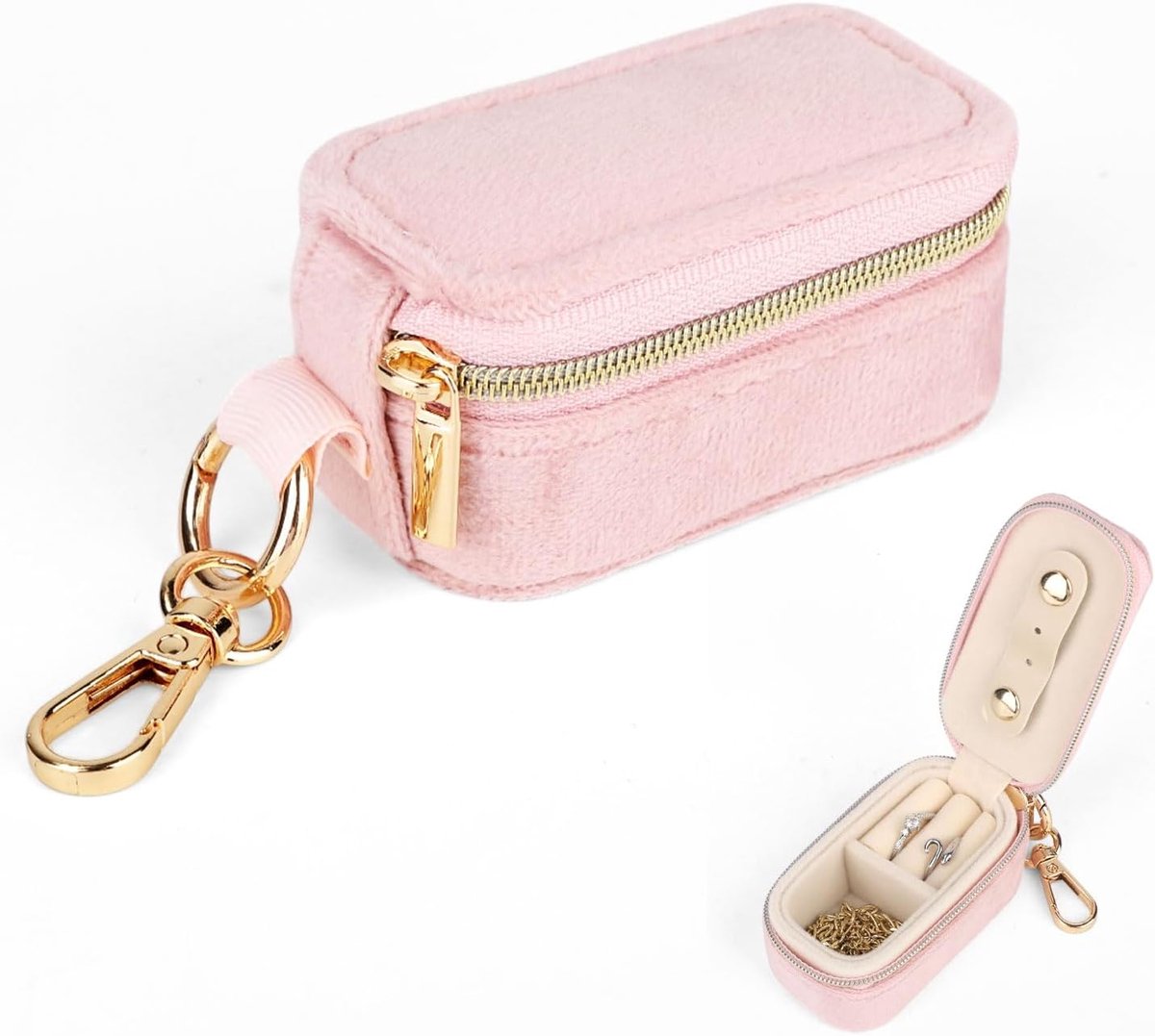 SnelShoppen - Mini Velvet Jewelry Travel Pouch - 2-in-1 Ringhouder Sleutelhanger Organizer - Compacte Doos voor Oorbellen, Ringen en Kettingpendanten