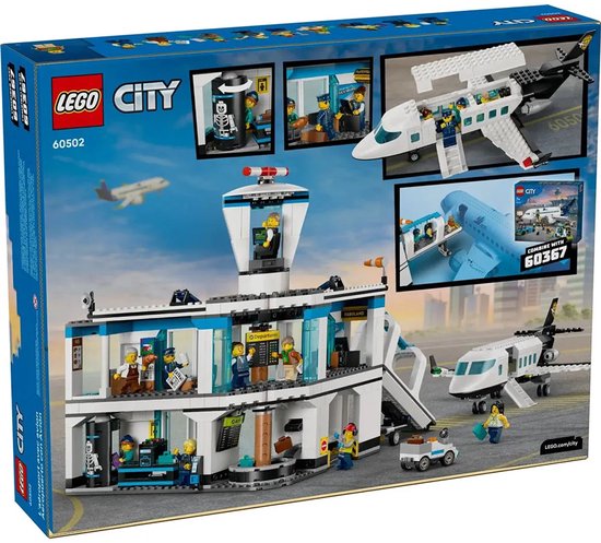 Achterkant van de LEGO City Luchthaven met Vliegtuig (60502) doos met diverse afbeeldingen.