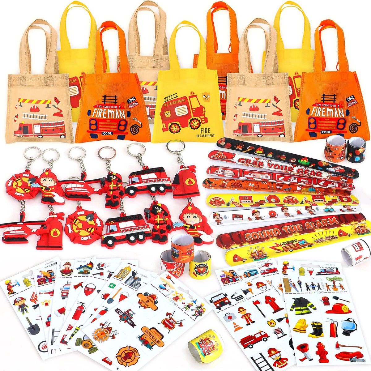 Dailygoods- Brandweer Speelgoed 12-delige Set - Draagtas - Sleutelhanger - Slagarmband - Tattoo-Stickers - Feestaccessoires voor Kinderen