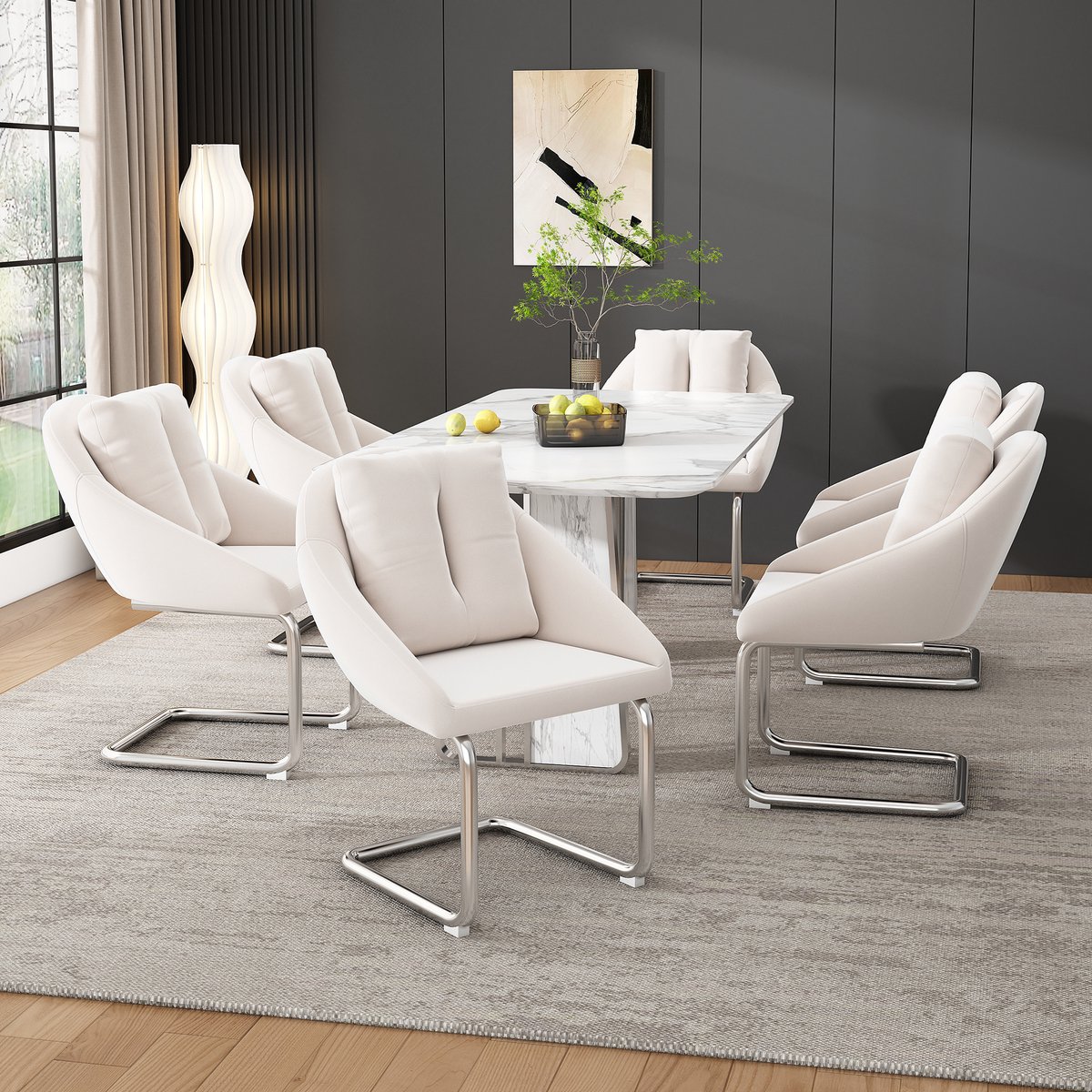 Eettafelstoel, Fluwelen eetkamerstoel, set van 6 met kussens, Eetkamerstoel, luxe draaistoel voor woonkamer en slaapkamer, Beige
