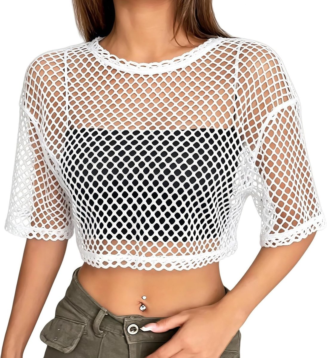 Vrouwelijk Visnet T-shirt met Korte Mouwen - Sexy Transparant Clubwear voor Disco en Y2K Feestjes, Retro 80s Stijl