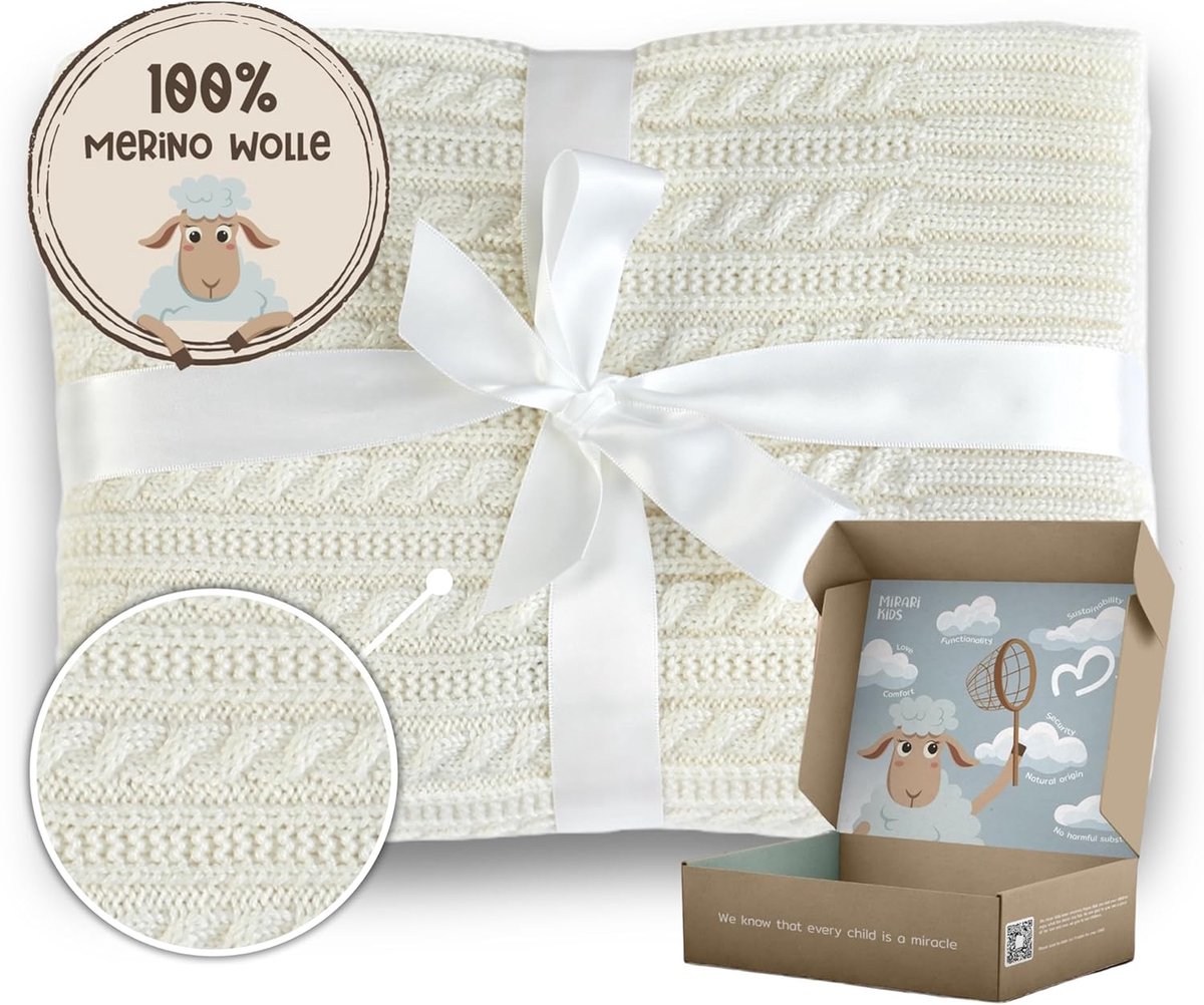 SnelShoppen - Babydeken 100% Merino Wol Ecru, Gehaakt, 75 x 100 cm, Warm en Comfortabel voor Pram en Thuis, Perfect als Kraamcadeau