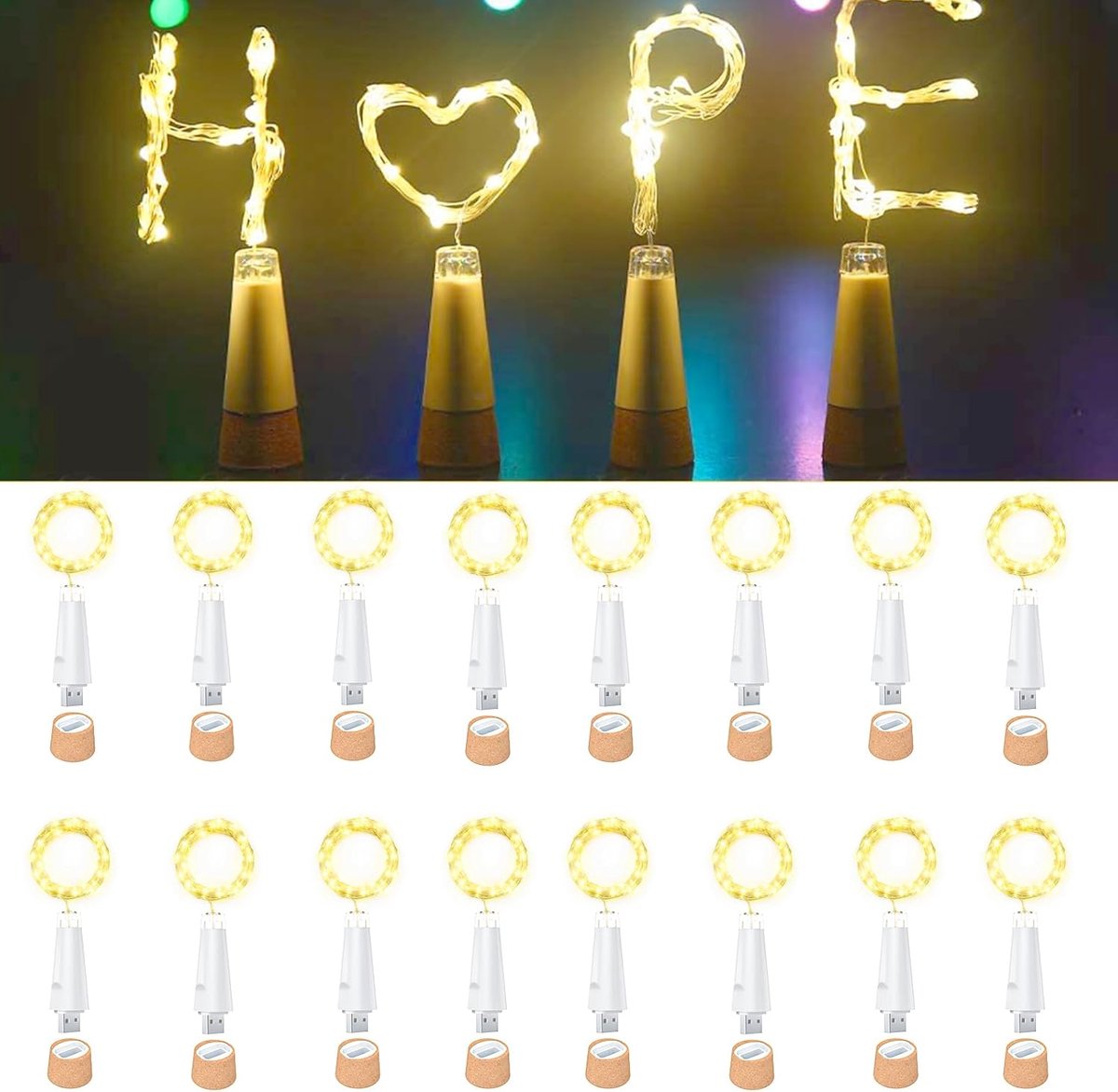 SnelShoppen - USB Bottle Lights Oplaadbare LED Kurk Lichten 20 LED Koperdraad voor Wijnflessen Decoratie Tafel Feest DIY (Warm Wit, 16-Pack)