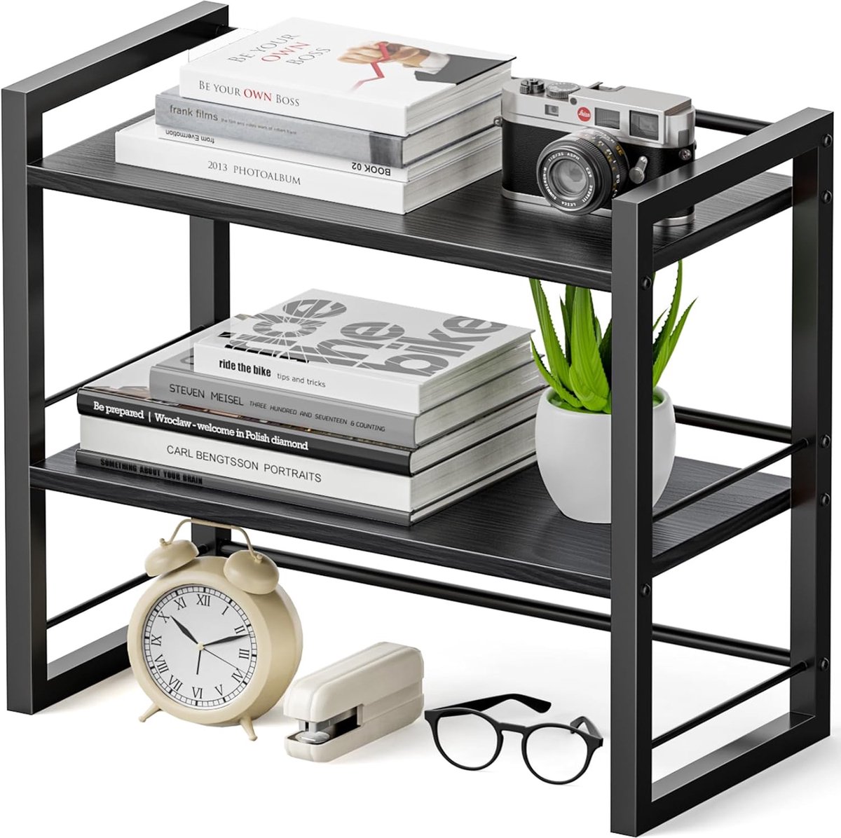 SnelShoppen - Bureau-rek, Organizer van Hout, Opbergrek voor Bureau, Boekenkast, Plank voor Bureaublad en Commode, Zwart Hout, Ideaal voor Thuiswerk e