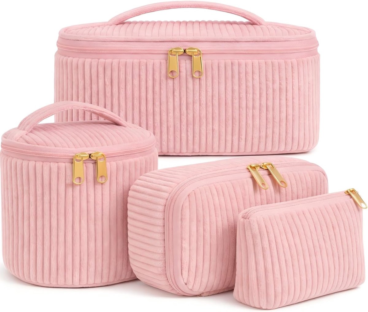 SnelShoppen - Set van 4 Makeup Tassen voor Vrouwen - Toilettas met Handvat - Grote, Middelgrote, Kleine en Mini Cosmetica Organizer in Roze voor Reize