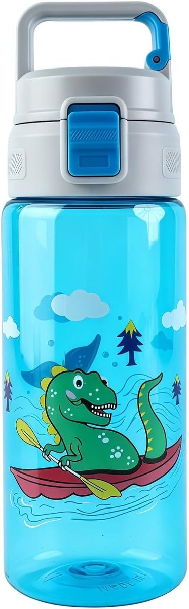 SnelShoppen - Drinkfles Kinderen 650 ml - Lekvrij, Duurzaam, BPA-vrij, Vaatwasmachinebestendig, Valbestendig, Blauw met Dinosaurus - Ideaal voor Schoo