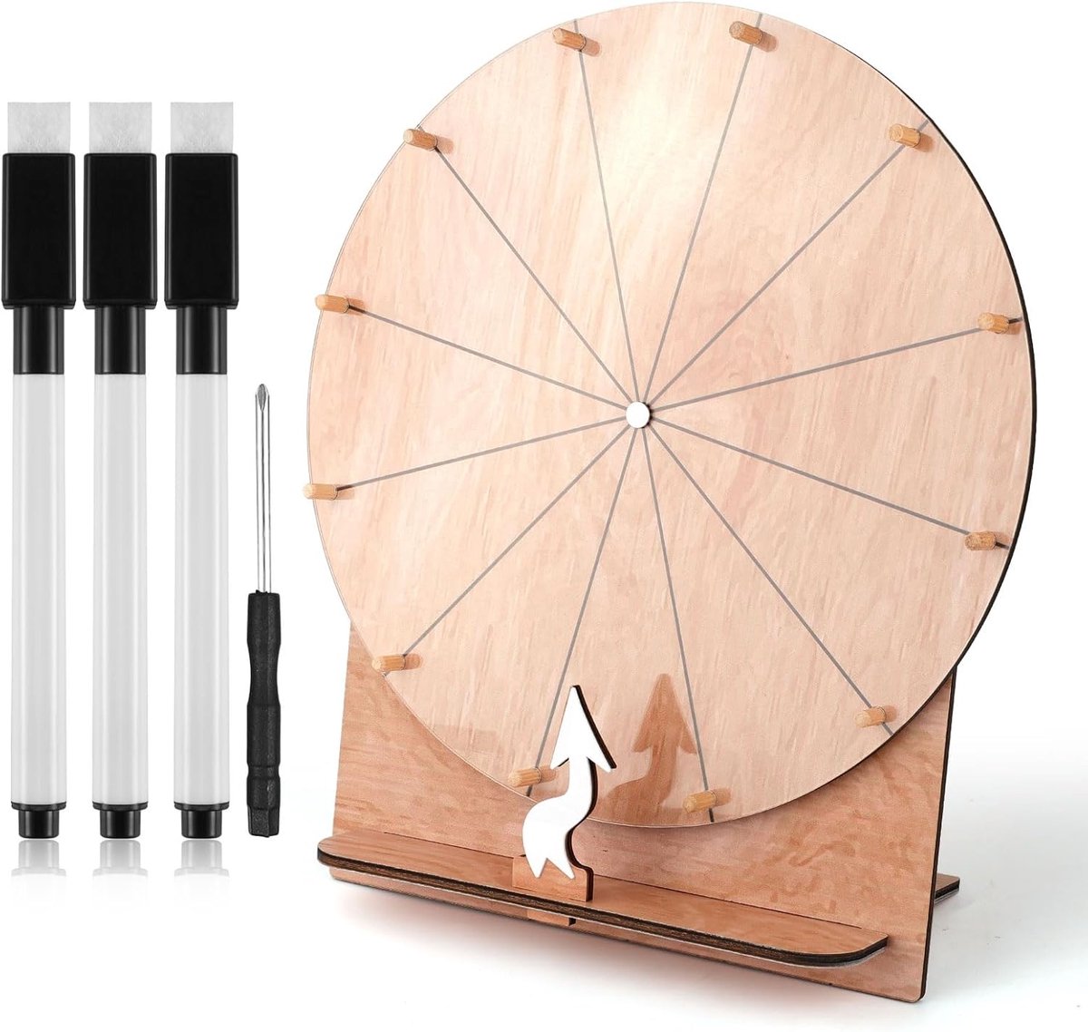 SnelShoppen - 30cm Houten Spinning Wheel - Erasable Prize Wheel voor Bruiloft, Feest, School, Baby Shower - Inclusief Marker Pins en Installatie Onder