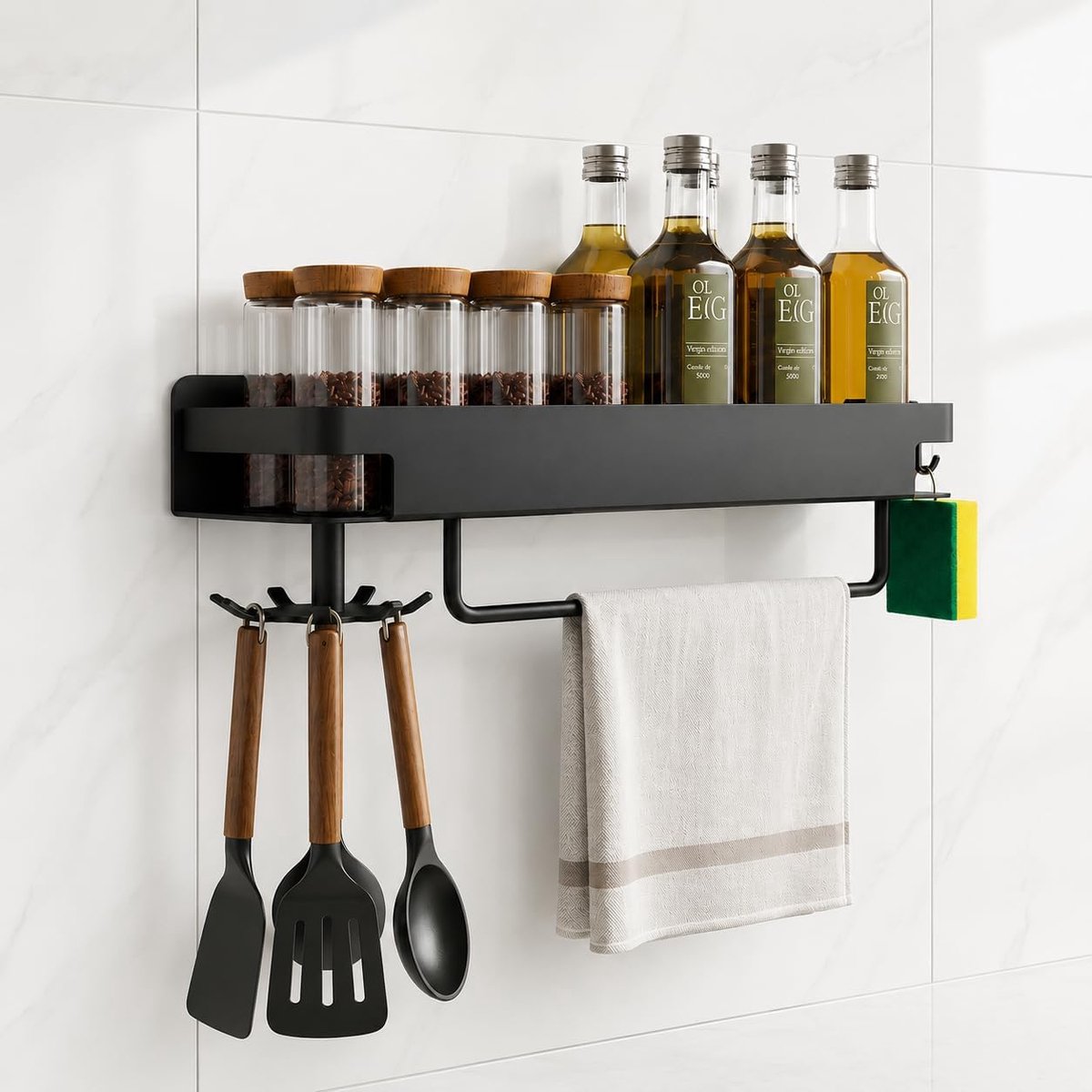 SnelShoppen - Kruidenrek Wandrek met 360° Draaibare Houder, 39 cm, Zwart, Keuken Organizer, Ruimtebesparend, Draaibare Haak voor Keukengerei, Modern D